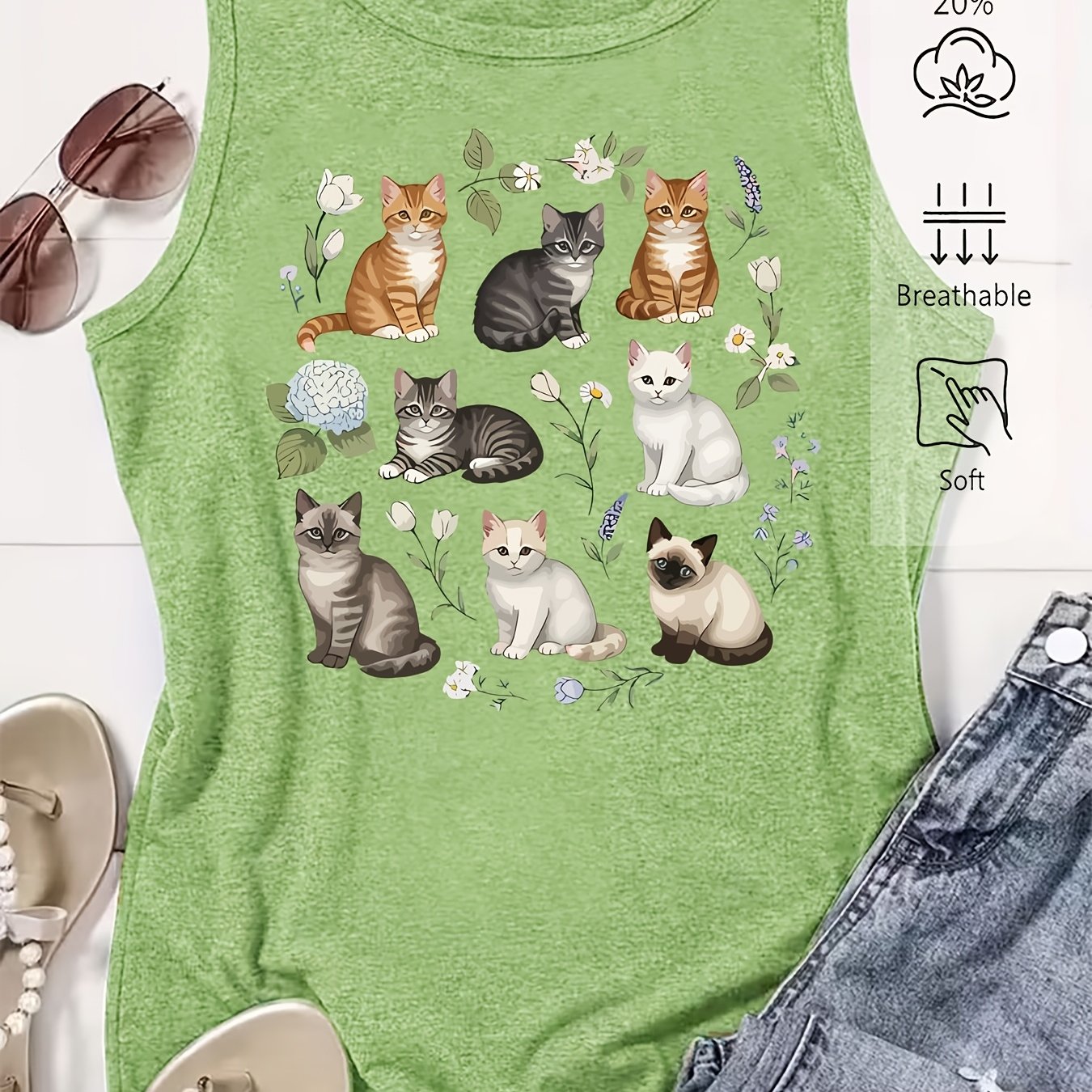 TEMU Elegant Women's Tank Top, Multi- Cat And Floral , Casual Loose Summer Vest, Fashionable And -themed Top For Commuting, Vacation, And Daily