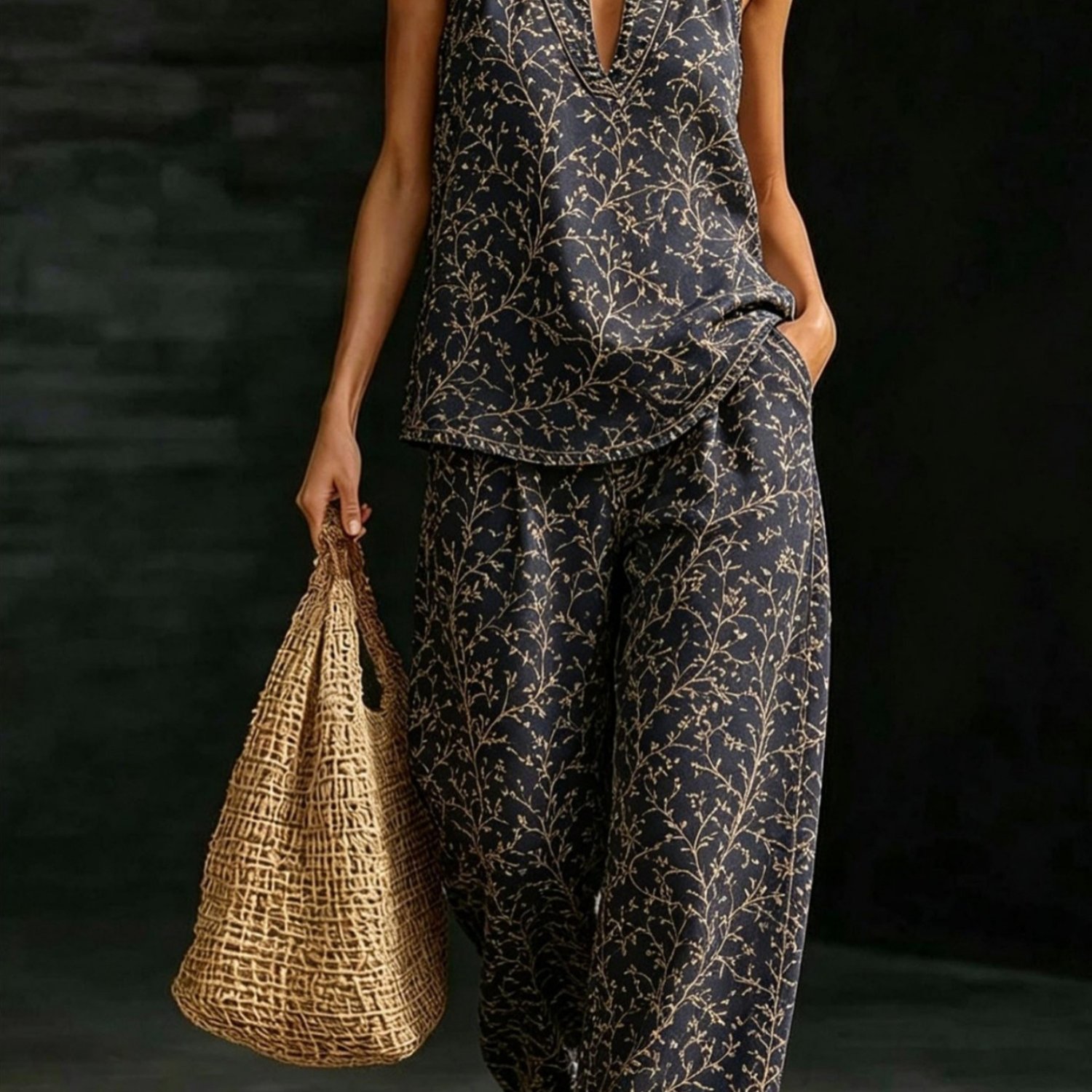 Image of Plus Size - Plus Size - Summer Dark-colored Retro Vine Print Halter Neck V-neck Sleeveless Top And Wide-leg Pants 2pcs Set, -style Vacation Outfit