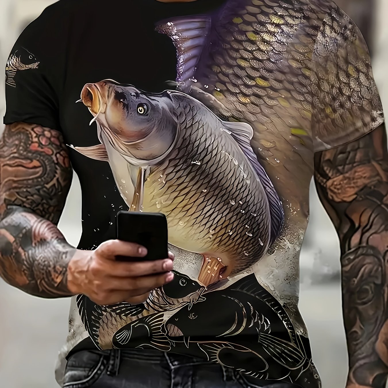 Fish Print T-shirt, Men's Style Stretch Round Neck Tee Shirt For Summer: retailer-supplied image