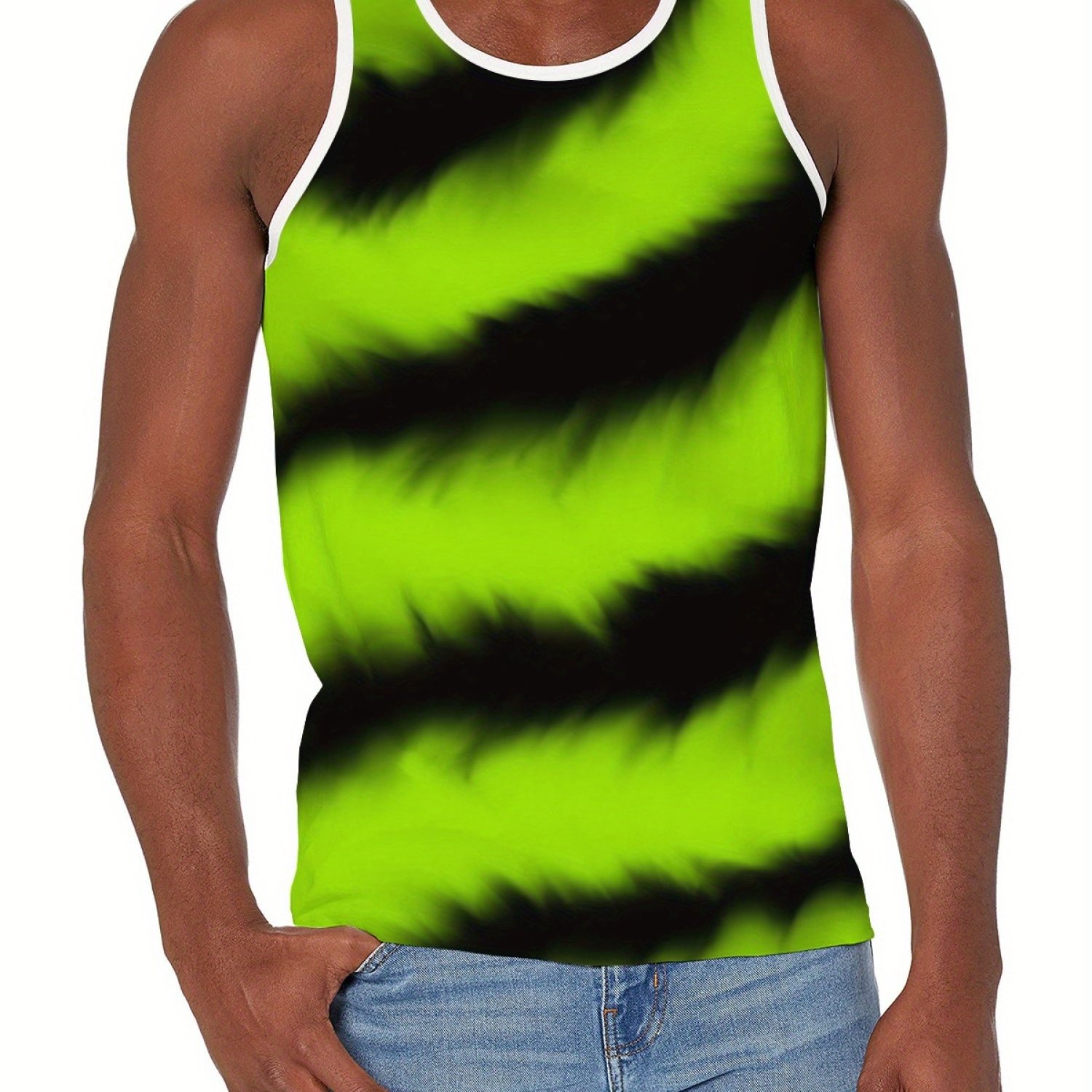 TEMU Print Men's Casual Tank Top, Slim Shoulder Drawstring Vest, Crew Neck, Comfortable And Breathable Top For Gym, Bodybuilding, Running, Marathon,