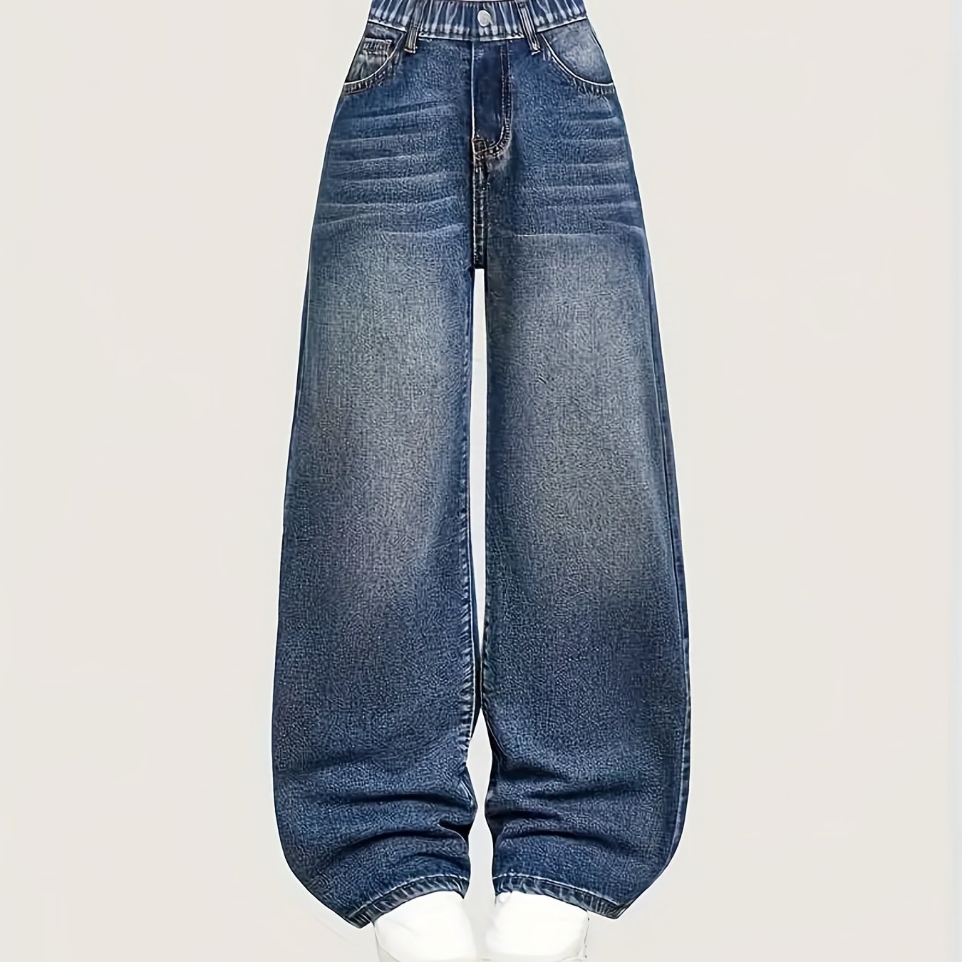 Image of Girls' Vintage Washed Denim Wide-leg Jeans, High-waisted Loose Straight-leg Denim Pants With Elastic Waistband, Casual Streetwear For Spring And Fall