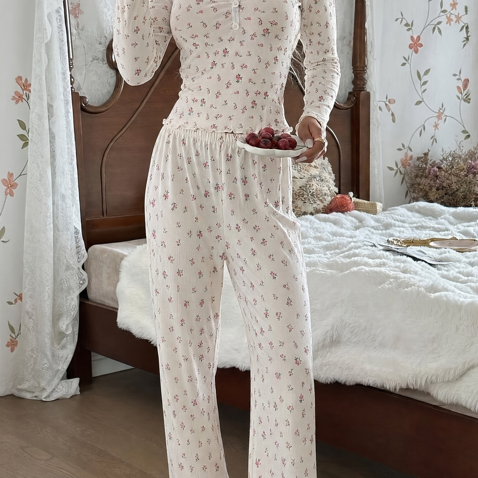 TEMU Elegant Small Floral Print Button- Long Sleeve And Pants Soft Pajama Set, Wear, Casual V-neck, Fabric Composition (95% 5% Elastane) Soft Opaque