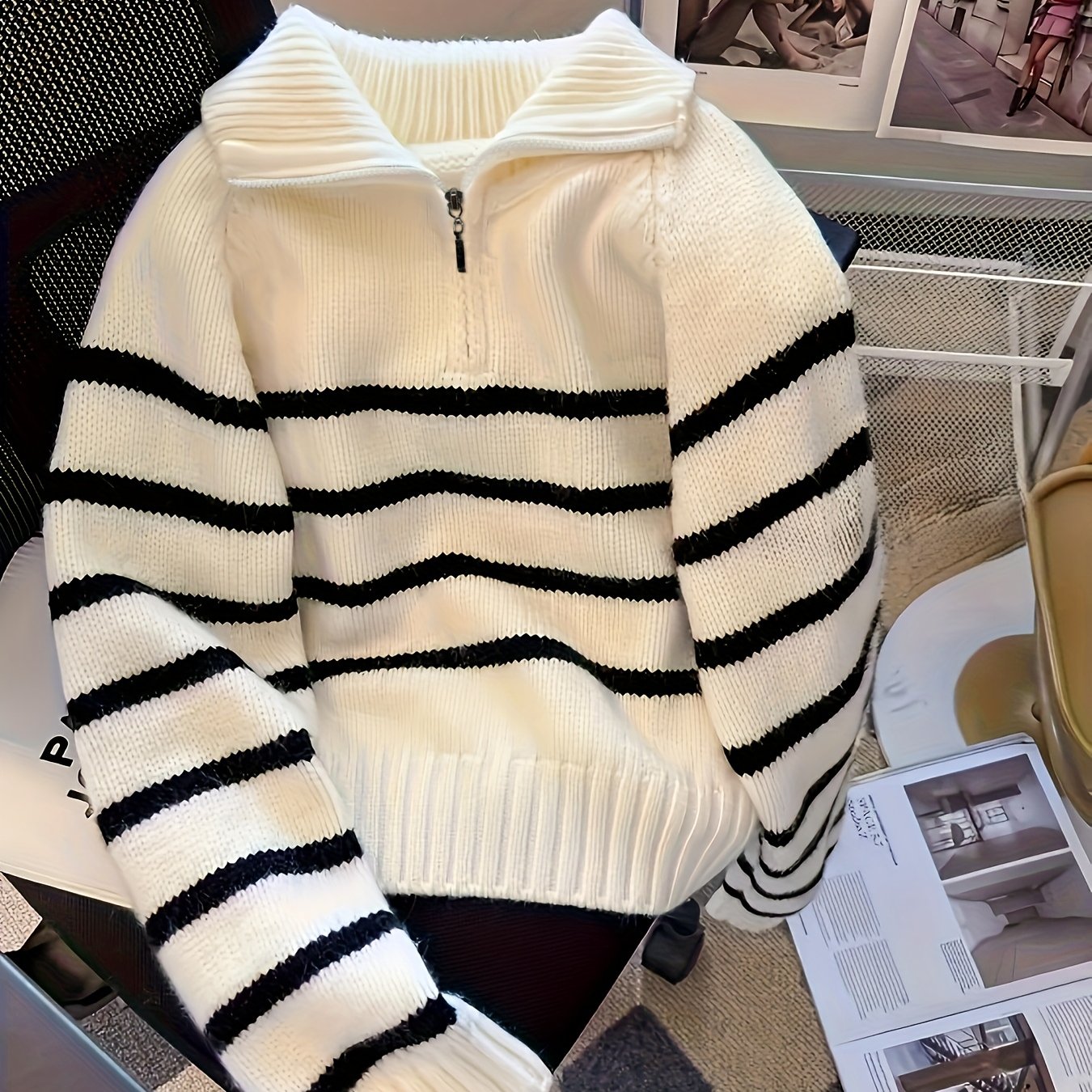 Stripe Color Block Neckline Sweater Half-zip Loose