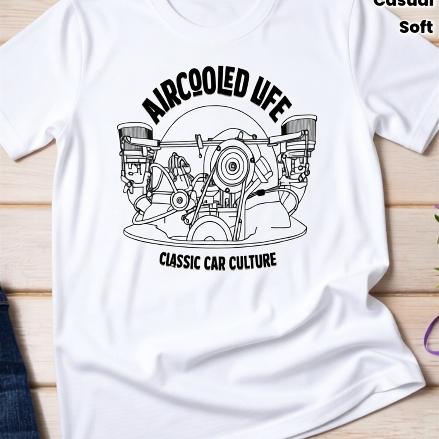 Image of -cooled Van Engine Graphic T-shirt - Bohemian Style Black & White Retro Design, Unisex Soft Fabric Short Sleeve Tee With Classic Car Print, Casual Wear For , Regular Fit Round Neck Shirt For Road
