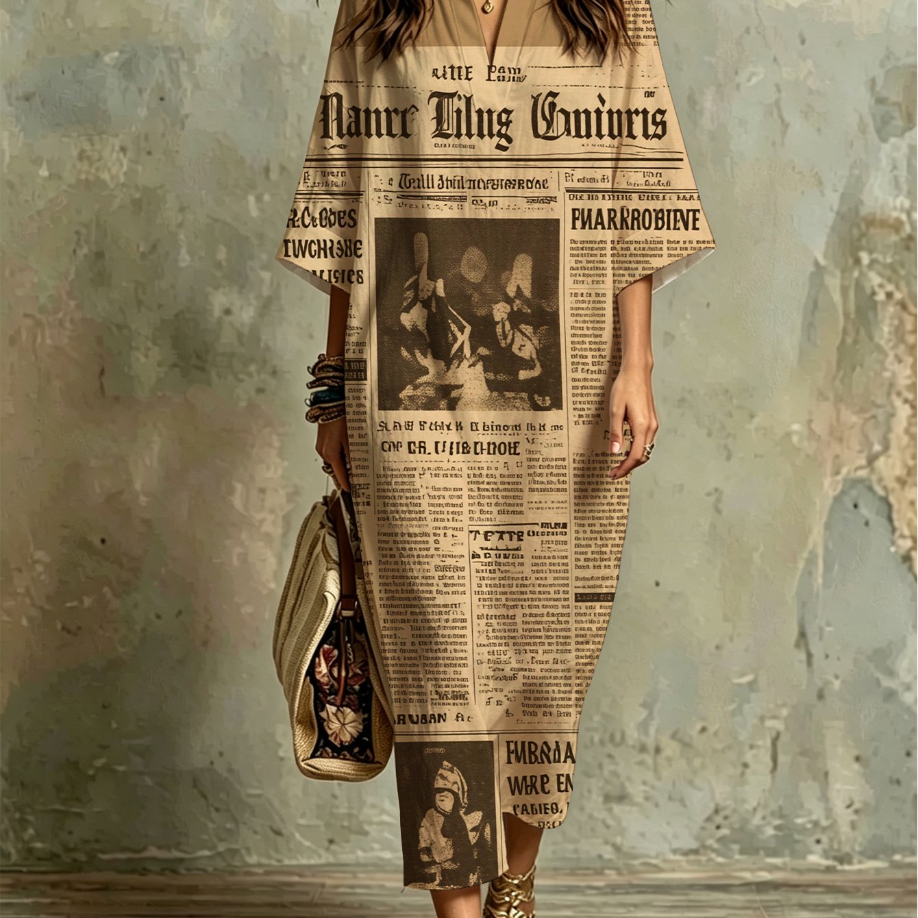 Image of Plus Size - Vintage Newspaper Print Fashion Casual Kaftan Dress - Comfortable, Breathable, Stylish, Versatile For Beach Vacations, Summer Parties, Casual