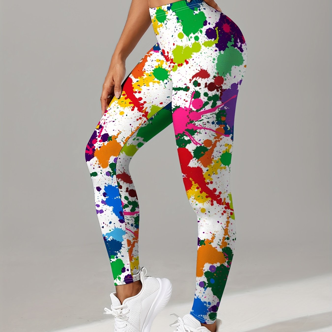 E-shop Bunte Tintenstrahldruck Leggings mit mittlerer Bundhöhe, Fitness Damen Graffiti Print Yoga Hosen