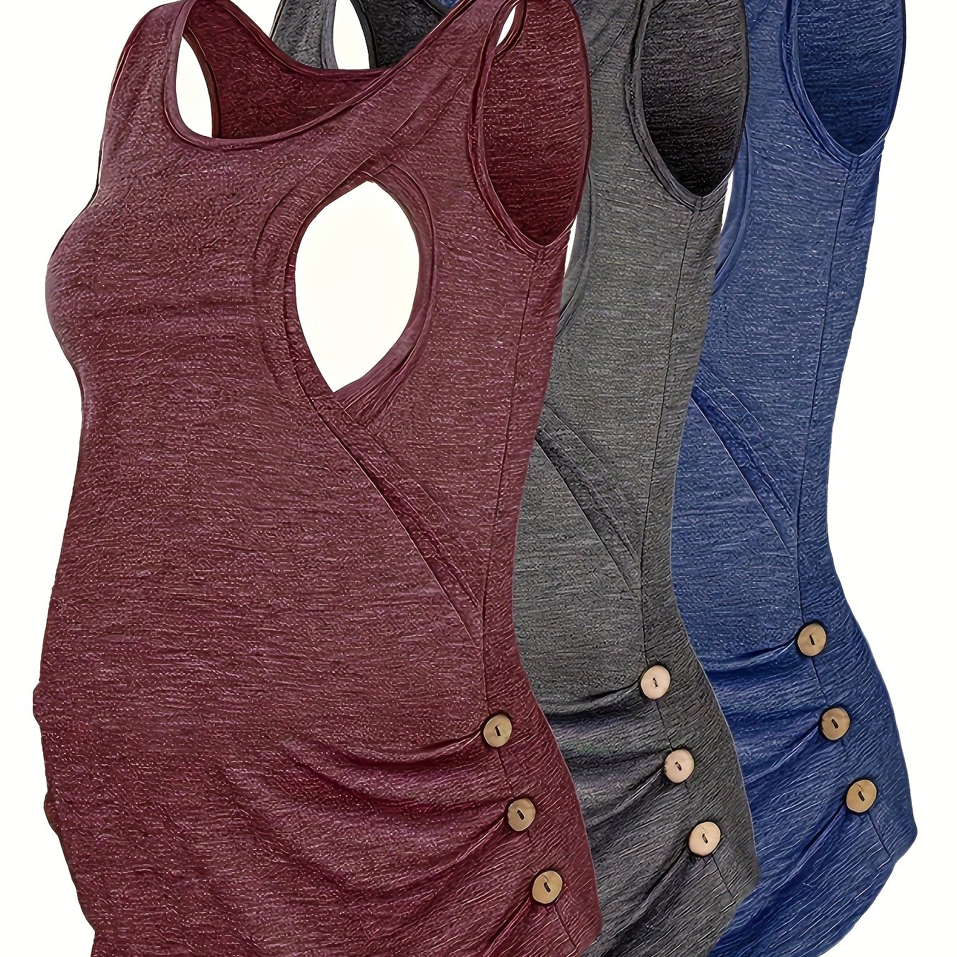 Image of 3pcs Elegant Sleeveless Maternity Tank Tops - Stylish Round Neck, Medium Stretch Fabric, Button-, For Pregnant Women, Maternity Clothing | Stylish Maternity Wear |