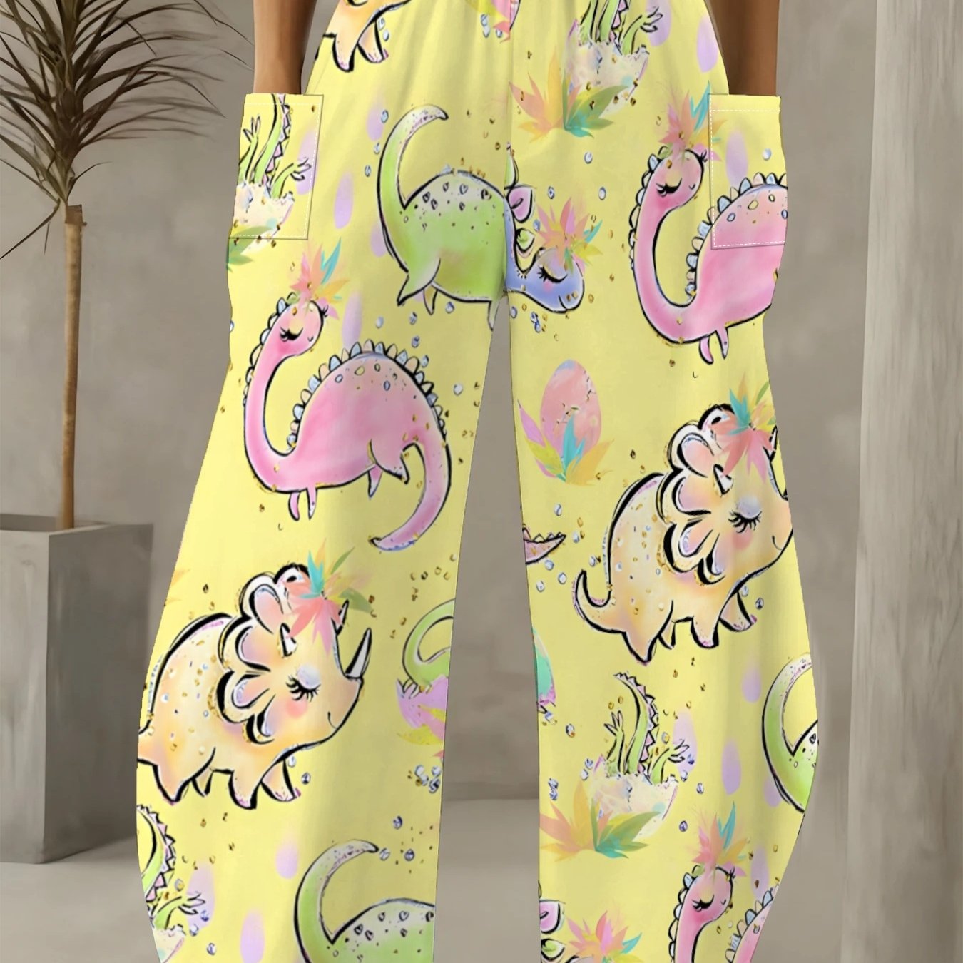TEMU Plus Size, Y2k Spicy Style Women's Casual Pants, Y2k Watercolor Dinosaur Wide-leg Pants. Featuring Cream-yellow As The Canvas, With Vintage