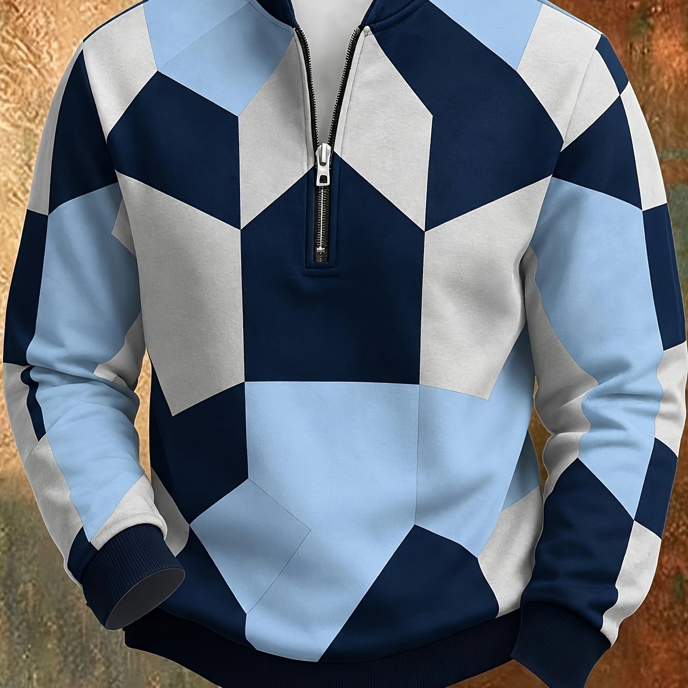 TEMU [print Design - Not Textured] Men's Retro Geometric Color-block Half-zip Stand Collar Sweatshirt, Spring/autumn Loose Casual Top, Daily Outdoor