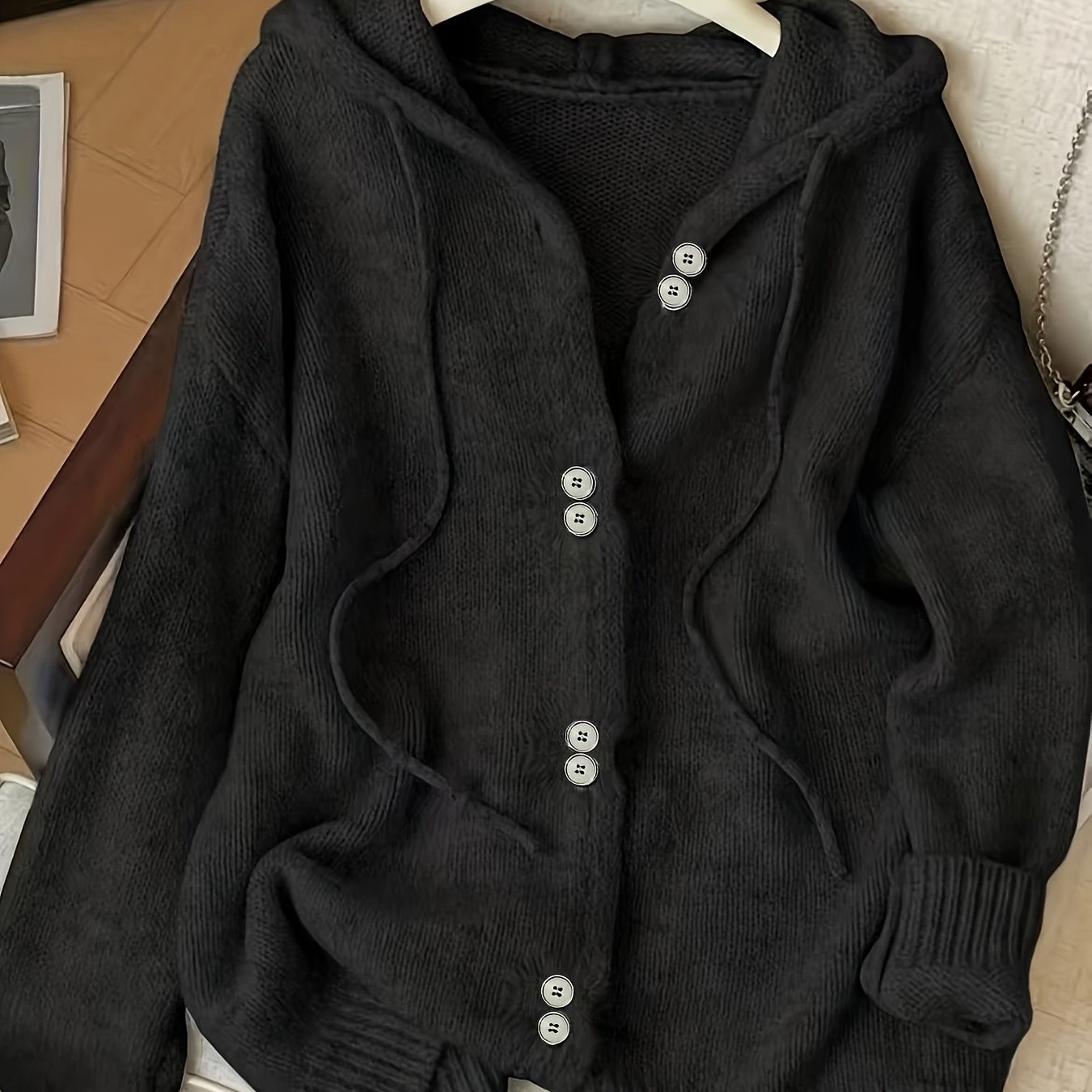 TEMU Plus Size, Plus-size Gray Single-breasted Relaxed Fit Hooded Sweater