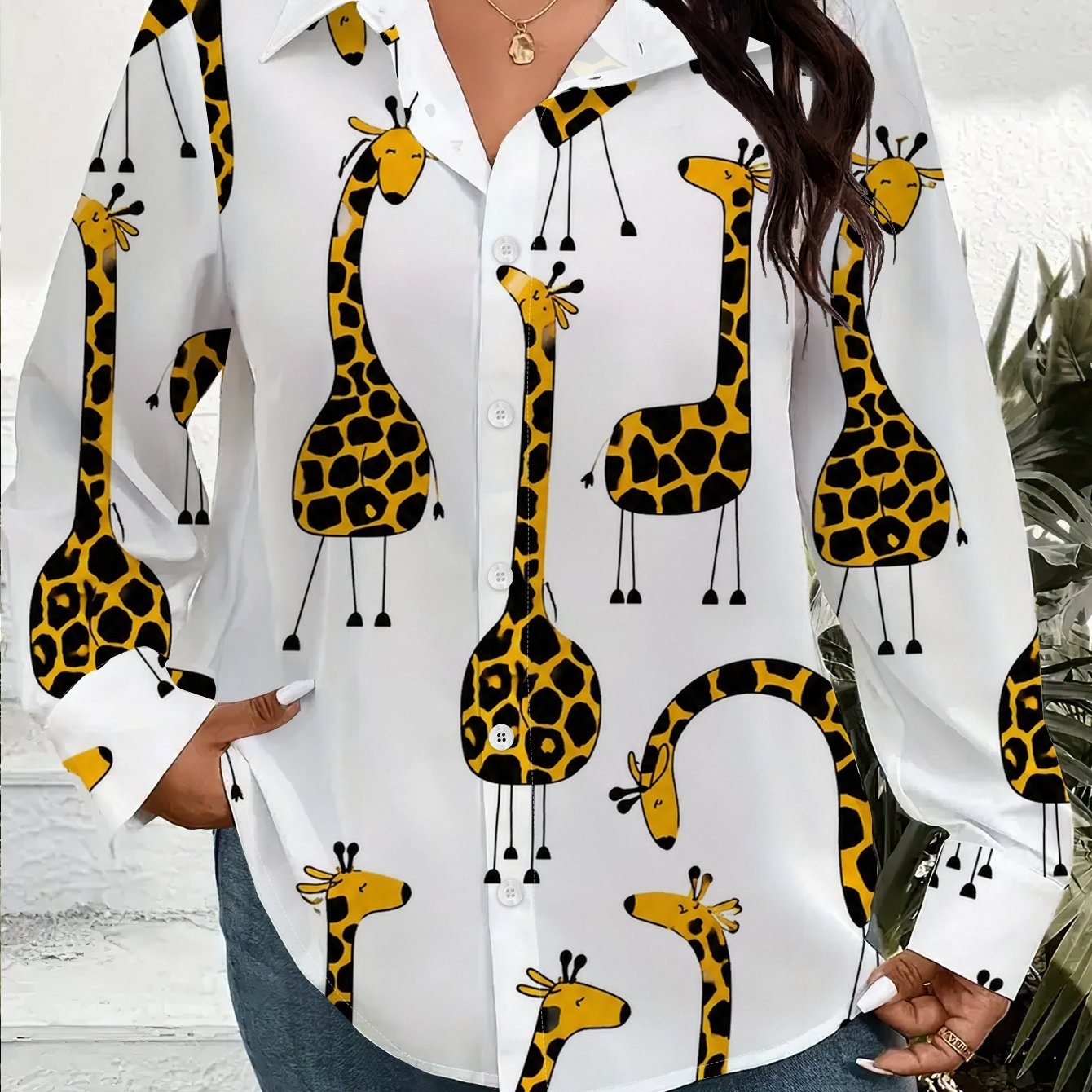 TEMU Women's Plus Size Giraffe Print Shirt, Long Sleeve Button- Collared Blouse, Loose Fit Casual Tops For Daily Wear, Vacation, Office, Sizes