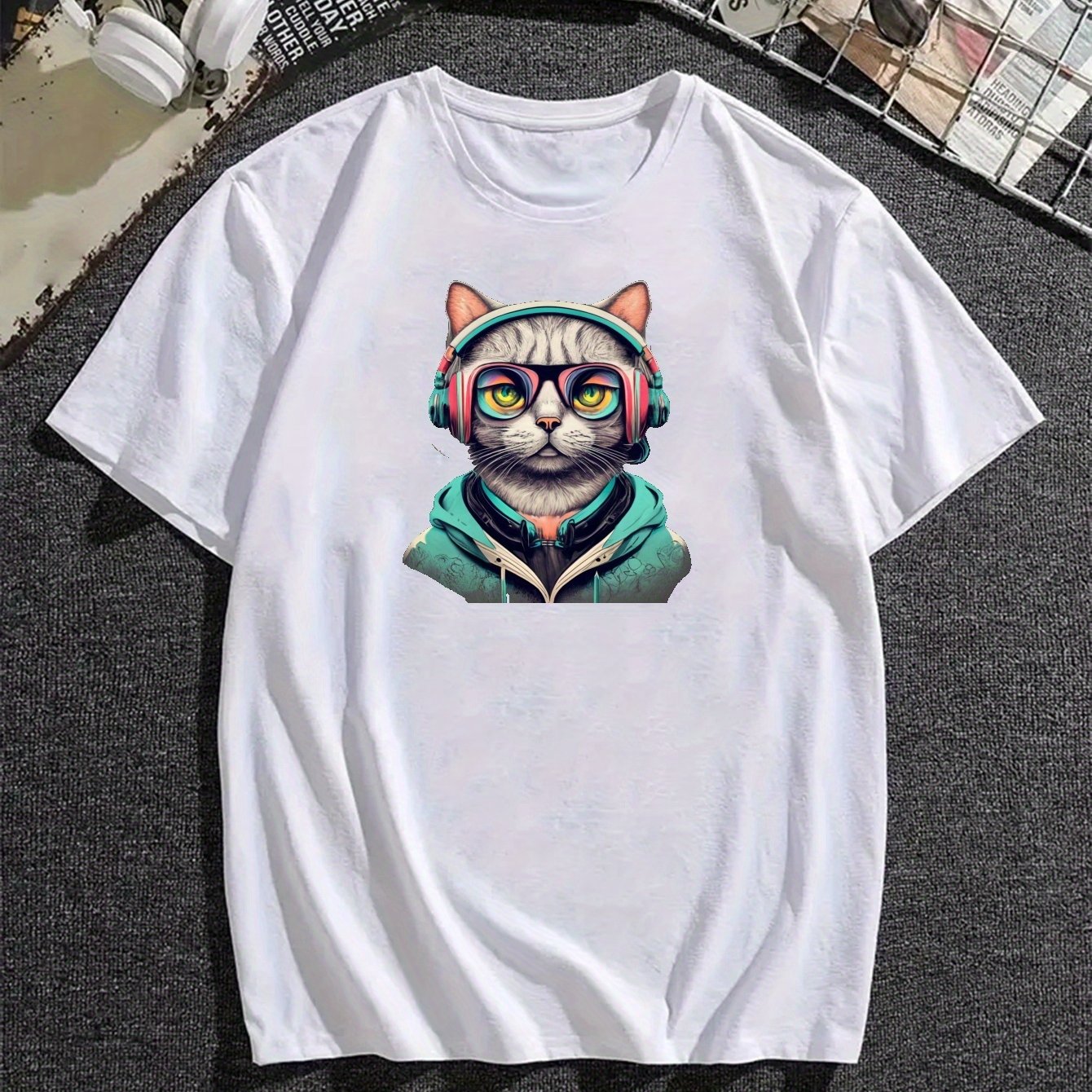 [NERDY] Handsome Cat Wappen Short-Sleeve T-shirt ★大人気★ Men's T-Shirt 3D Print Creative Cute Cat Pattern Round Neck
