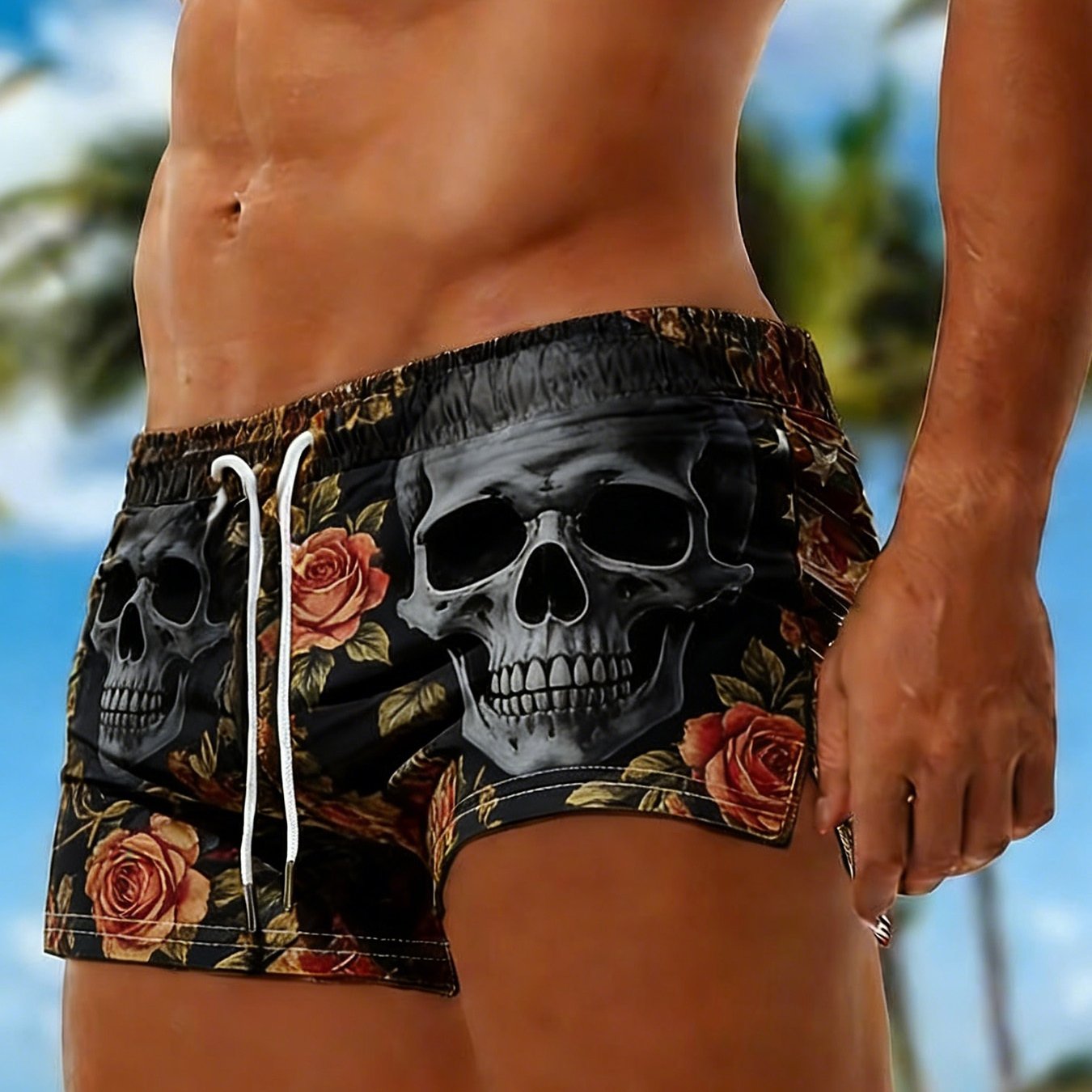 Image of Men's Beach Shorts, Trendy Item For Seaside Surfing, Essential Style For Men's Beach Vacations, Men's Swimwear, Skull Rose Print, Adjustable Drawstring, Polyester Fabric Swimming Pool