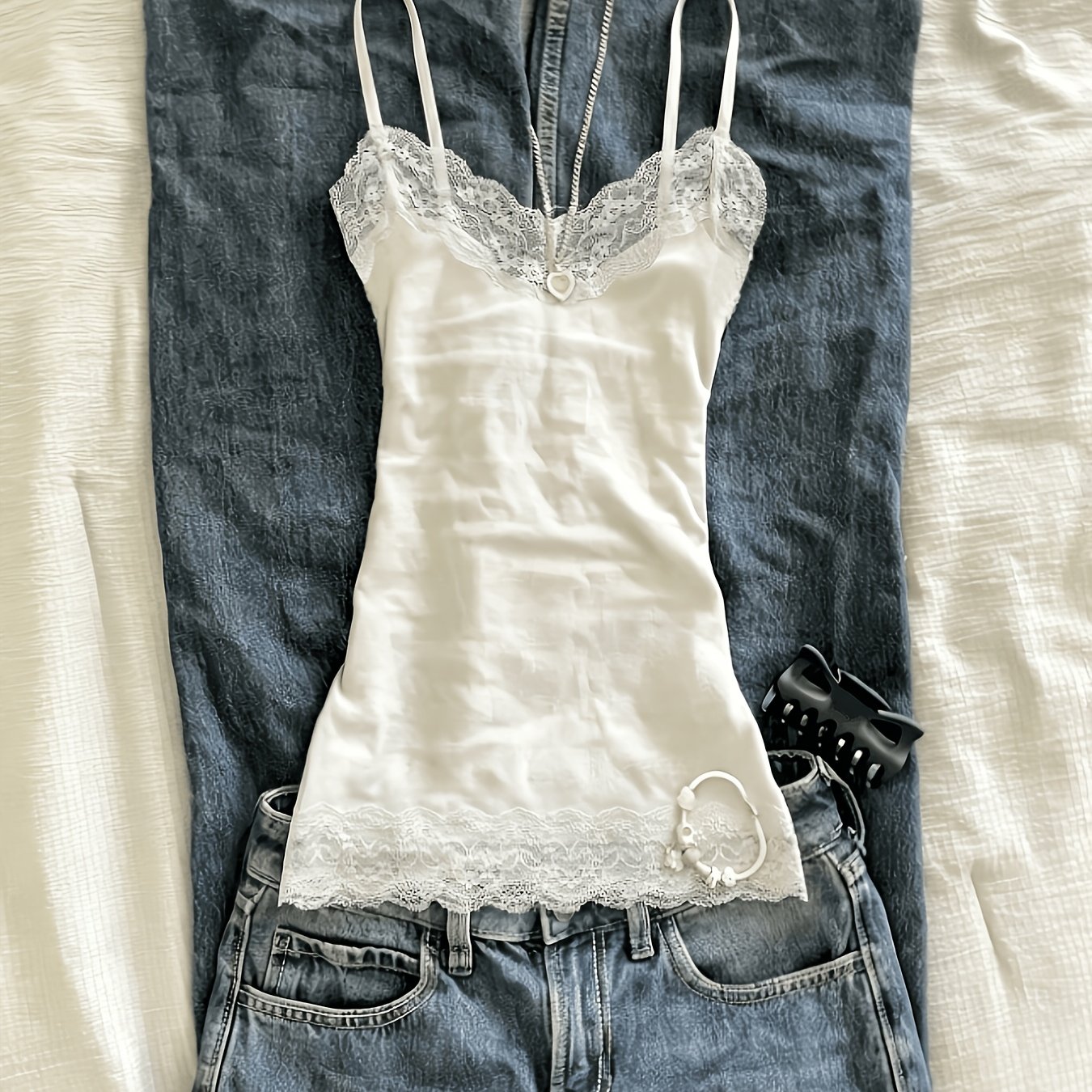 TEMU Women's Fashion Lace-trimmed Cami Top, Fitted Vest, Summer Y2k Streetwear Outfit