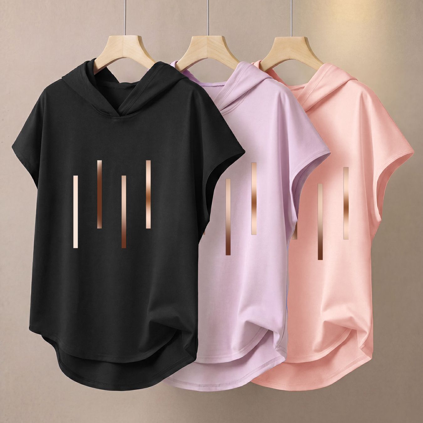 TEMU 3pcs Pastel Color Block Hooded T-shirt Set - Short Sleeve Metallic Golden Striped Casual Tee, Soft Synthetic Breathable Summer Top For Women -