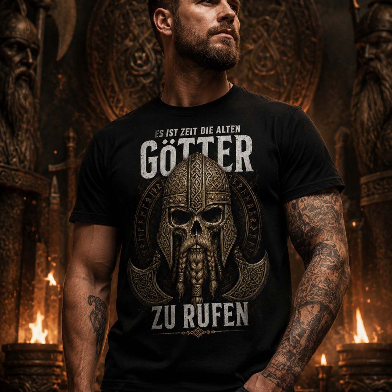 Es Ist Zeit Die Alten Zu Rufen Viking Skull Theme Neutral T Shirt Daily Casual Short Sleeve Fit Season Tee