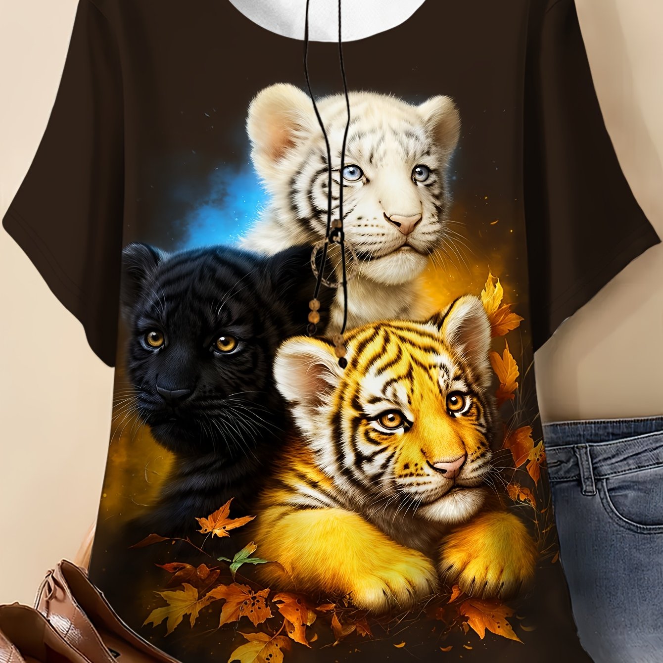 TEMU Plus Size - Plus Size - Plus Size Dames T-shirt met digitale print van een tijgerdesign, met een ronde hals en korte mouwen, perfect voor casual