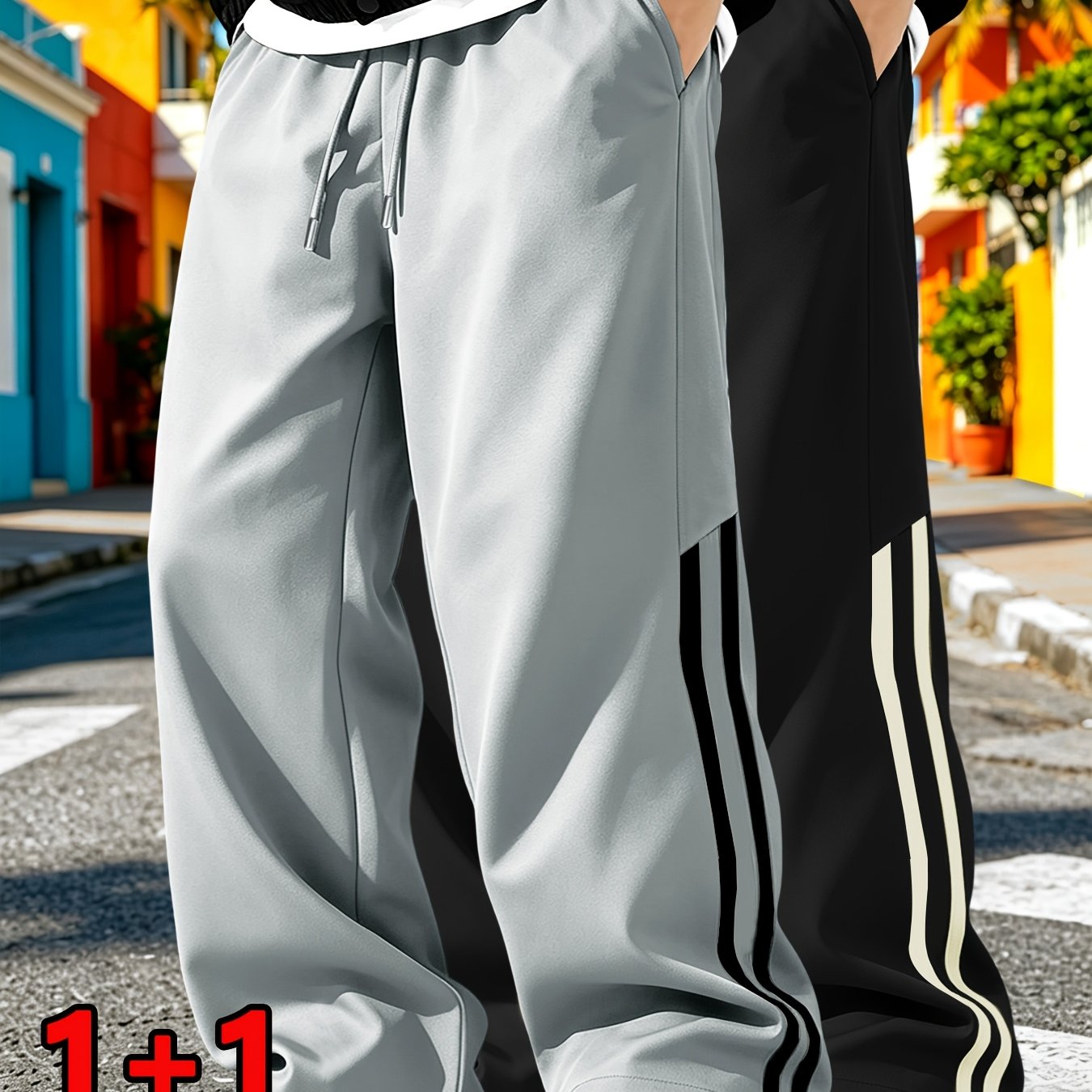 TEMU 2pcs Men's Striped Athletic Casual Pants, Drawstring Elastic Waist Sweatpants With Side , Men' Street Style Long Pants, Soft And Breathable