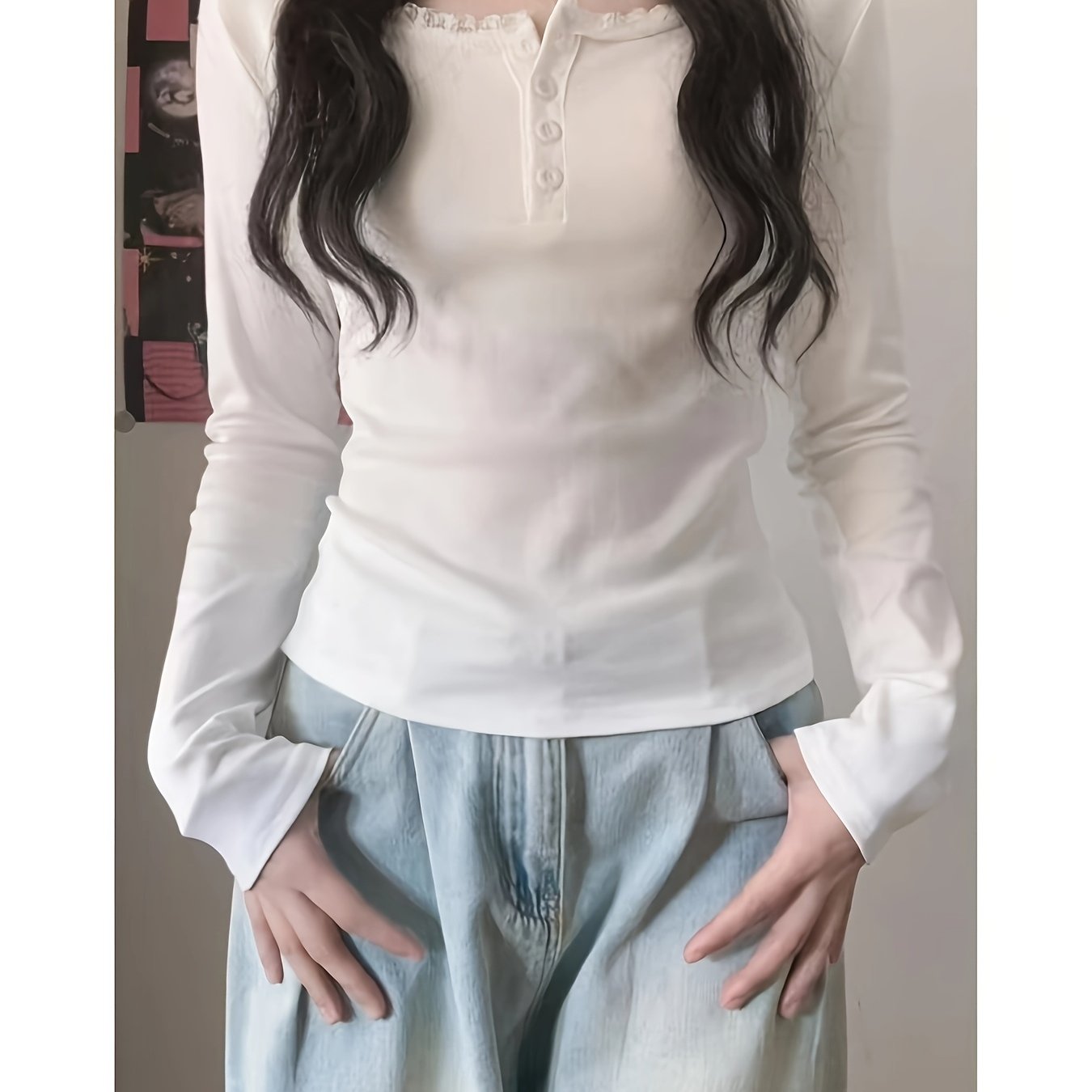 TEMU レーストリム ネック ベースシャツ、ネック トップス、春秋用 薄手長袖トップス、カジュアルパンツやジーンズ、スカートとの相性が抜群のおしゃれでトな一枚