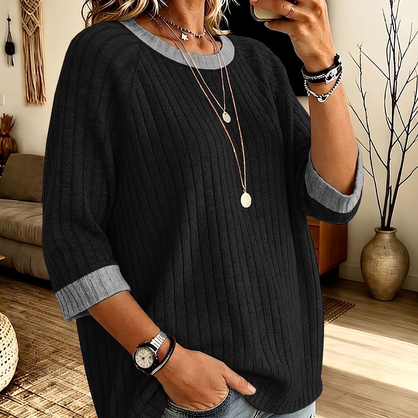 TEMU Haut tendance pour femme à manches 3/4, T-shirt décontracté et confortable à col ras du cou, coupe , patchwork à de couleur, manches -