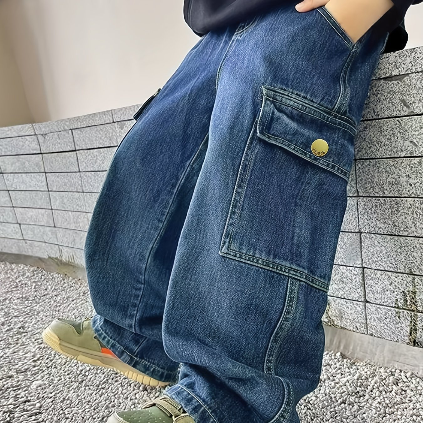 Image of Boys' Fashion Large Pocket Washed Jeans, Boys' Big Kids Loose Wide Leg Denim Trousers