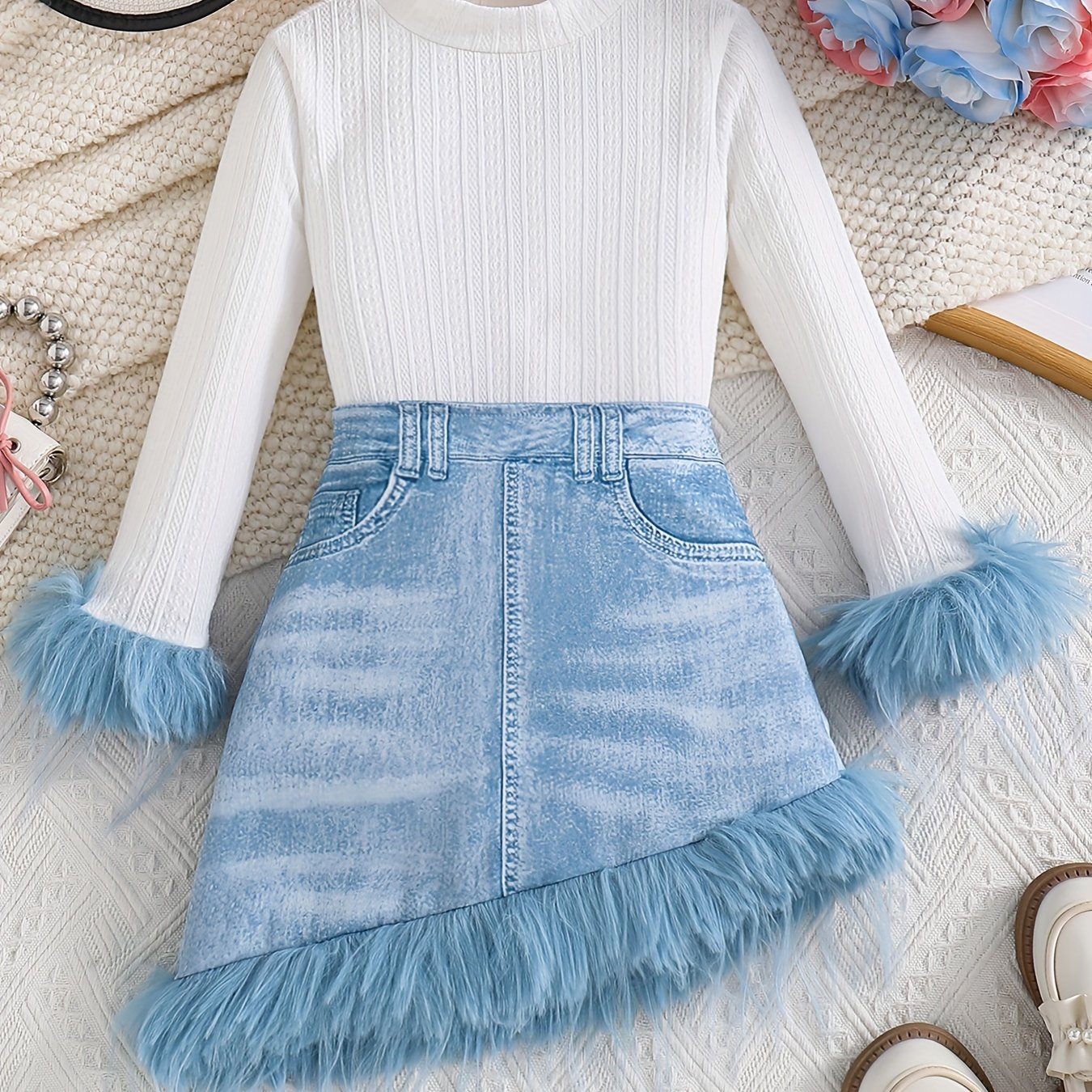 Image of 2pcs Set For Girls, Fashionable Trendy Autumn Suit, Small To Medium Size Solid Color Plush Mid-neck Knit Long Sleeve Top And Denim Print Plush Hem Skirt Set