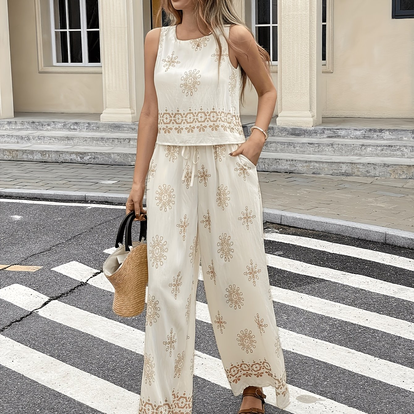Women's Summer Casual Sleeveless Vest Top And Wide-leg Pants 2pcs Set, Elegant Outfit