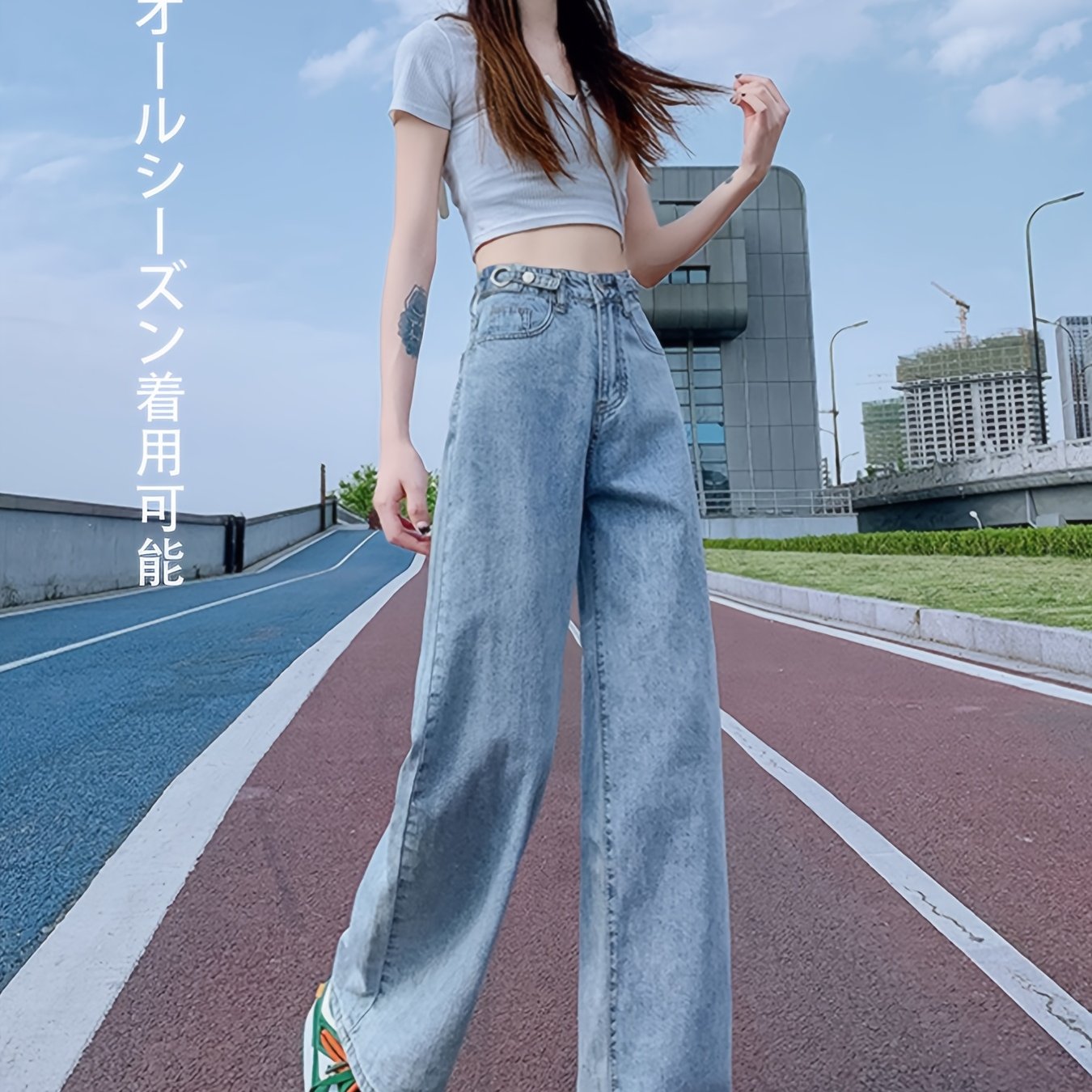 TEMU ダブルサイド ヴィンテージ ハイウエスト ルーズフィット ストレート デニム ジーンズ レディース用 - カジュアル アメリカンスタイル、春/秋着用、手洗いのみ、無地、ロング丈、フェイクボタン、韓国版、カジュアルール | ストリートスタイルデニム | 無地ジーン...