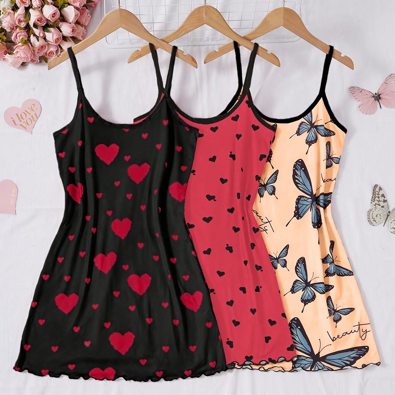TEMU Set Of 3 Women's Casual And Comfortable Sleep Dresses With Heart Print And Thin Straps