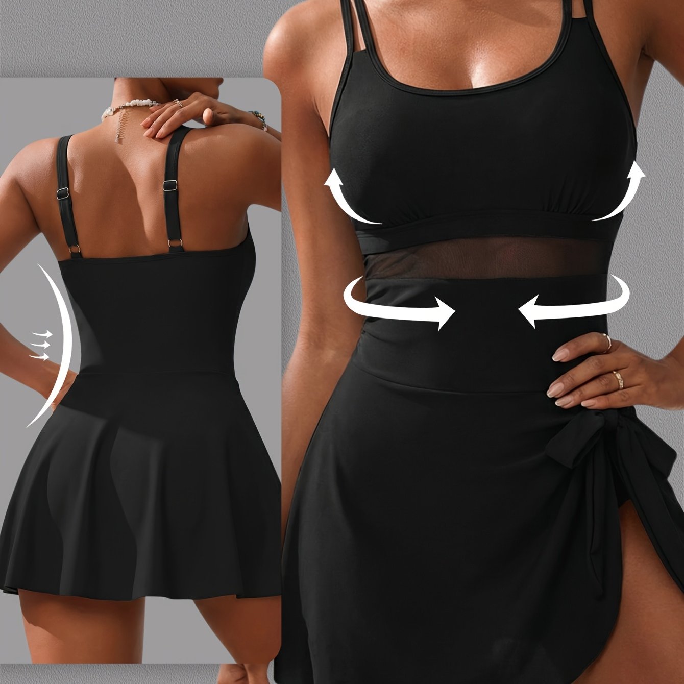 Women's -piece Swimsuit, Solid Color, Double Shoulder Straps, Square Neckline, Dress-style Swimsuit, One-piece