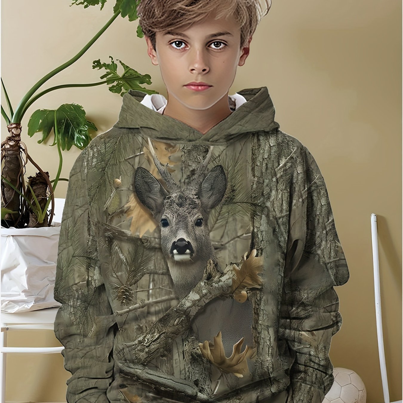 TEMU Boys' Camouflage Deer And Forest Print Hooded Sweatshirt- Long Sleeve Casual Pullover With Deer Head And Antlers Design, Brown/green Camouflage