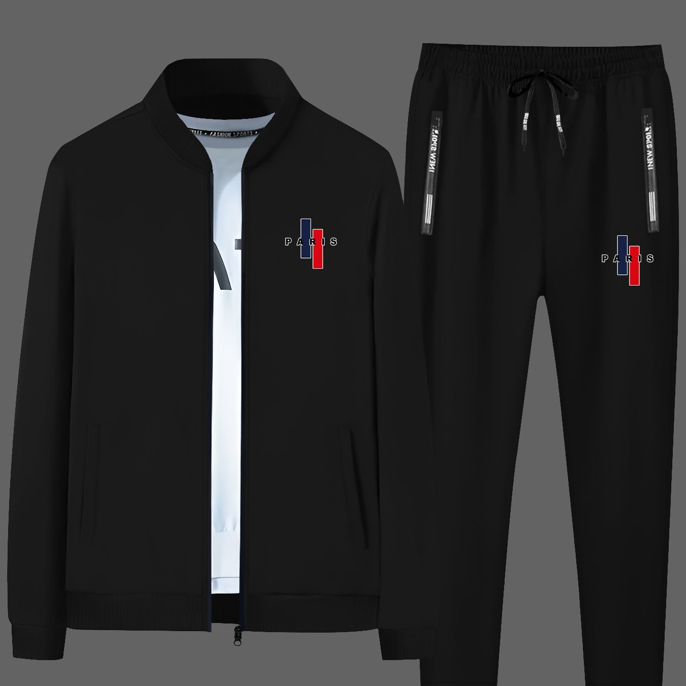 TEMU Men's Parisian Print Trendy Tracksuit Set - Slim Fit Stand Collar Zip-up Jacket & Joggers With Pockets, Casual Sporty Outfit For Fall/winter,