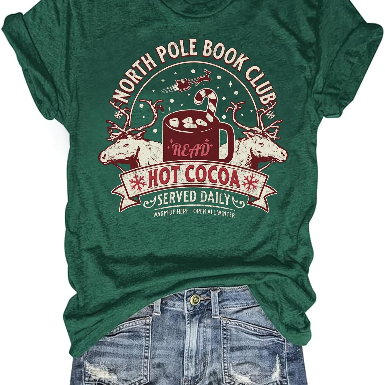 TEMU Women's Christmas Graphic T-shirt - North Pole Book Club & Daily Design, Casual Round Neck Tee, Machine Washable , , Clothing, Whimsical Festive Design, Relaxed Fit Tee