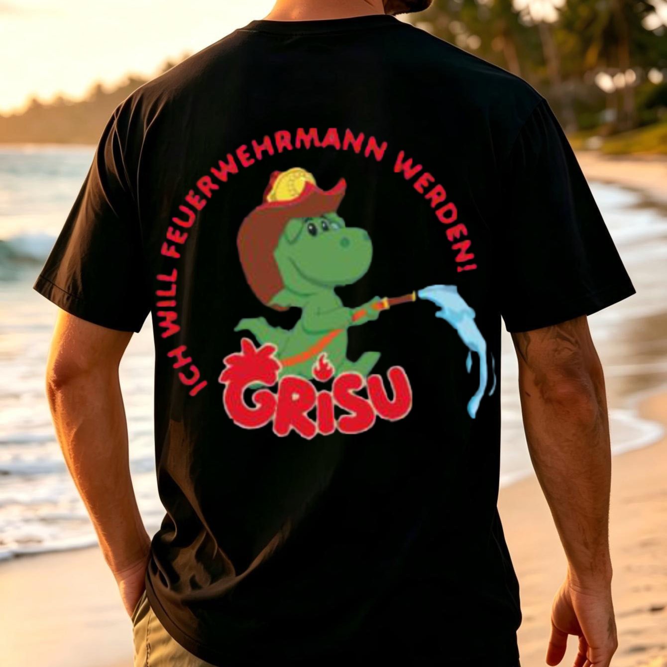 Future Firefighter Dragon Graphic T-shirt German "i Want To Become A Firefighter" Quote With Cute Style Cartoon Humor Men's Back T-shirt