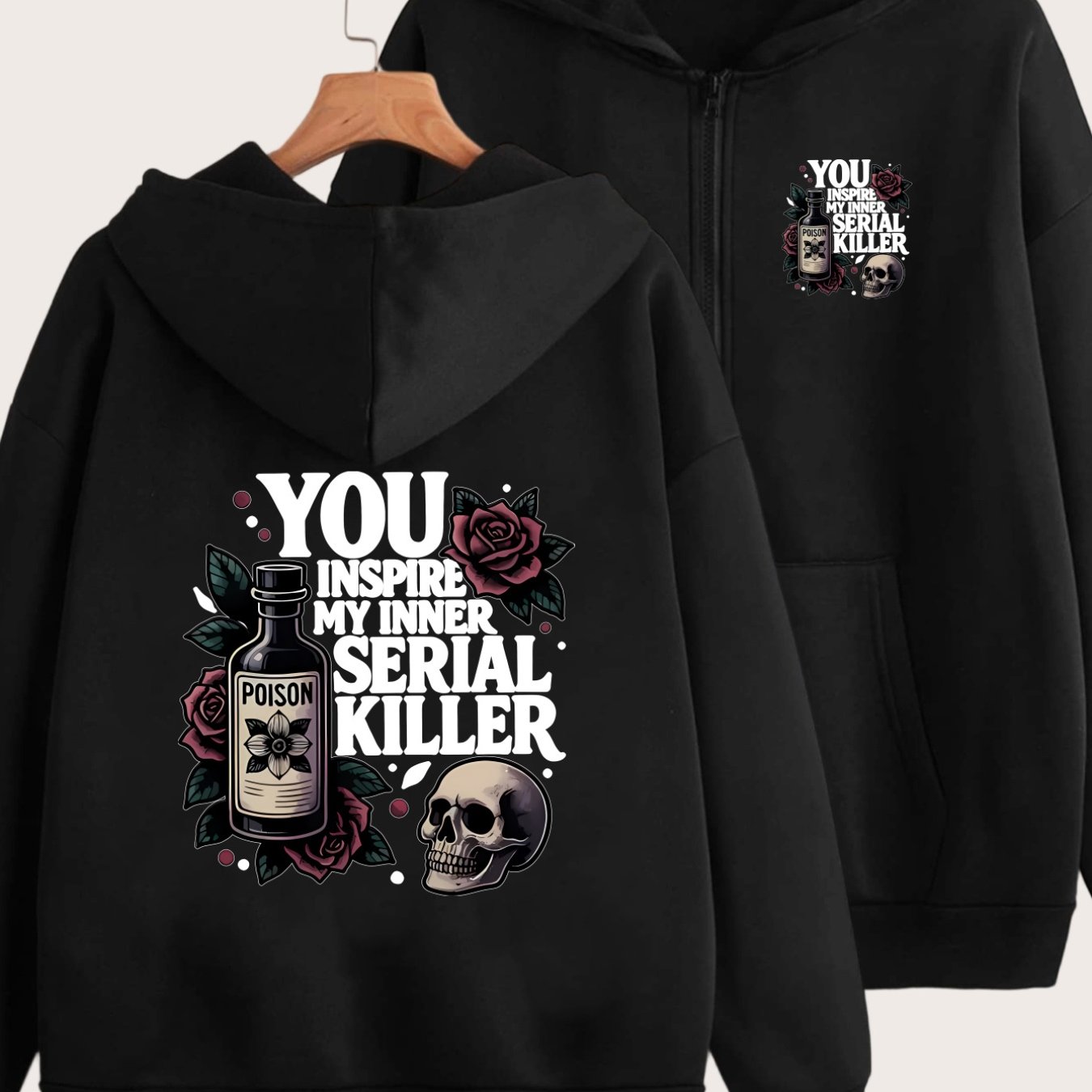 TEMU Poison Skull Rose Dark Design With 2 Patterns On Front And Back - Y2k Zippered Hoodie - Fashionable And Comfortable Zipper Jacket - Casual