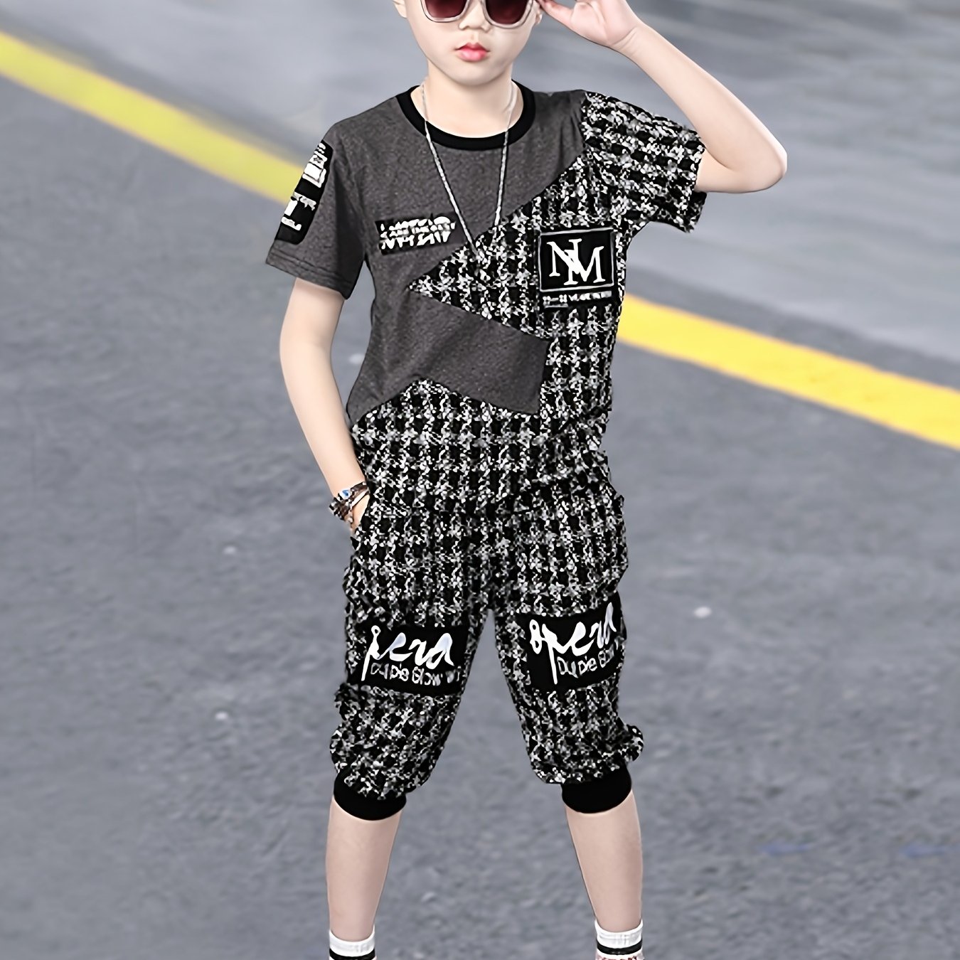 Image of Two-piece Set For Boys, Summer Fashion Casual Outfit With Short Sleeves, Stylish Summer Clothes For Kids, Plus Pants For A Cool Little Boy, For Outdoor