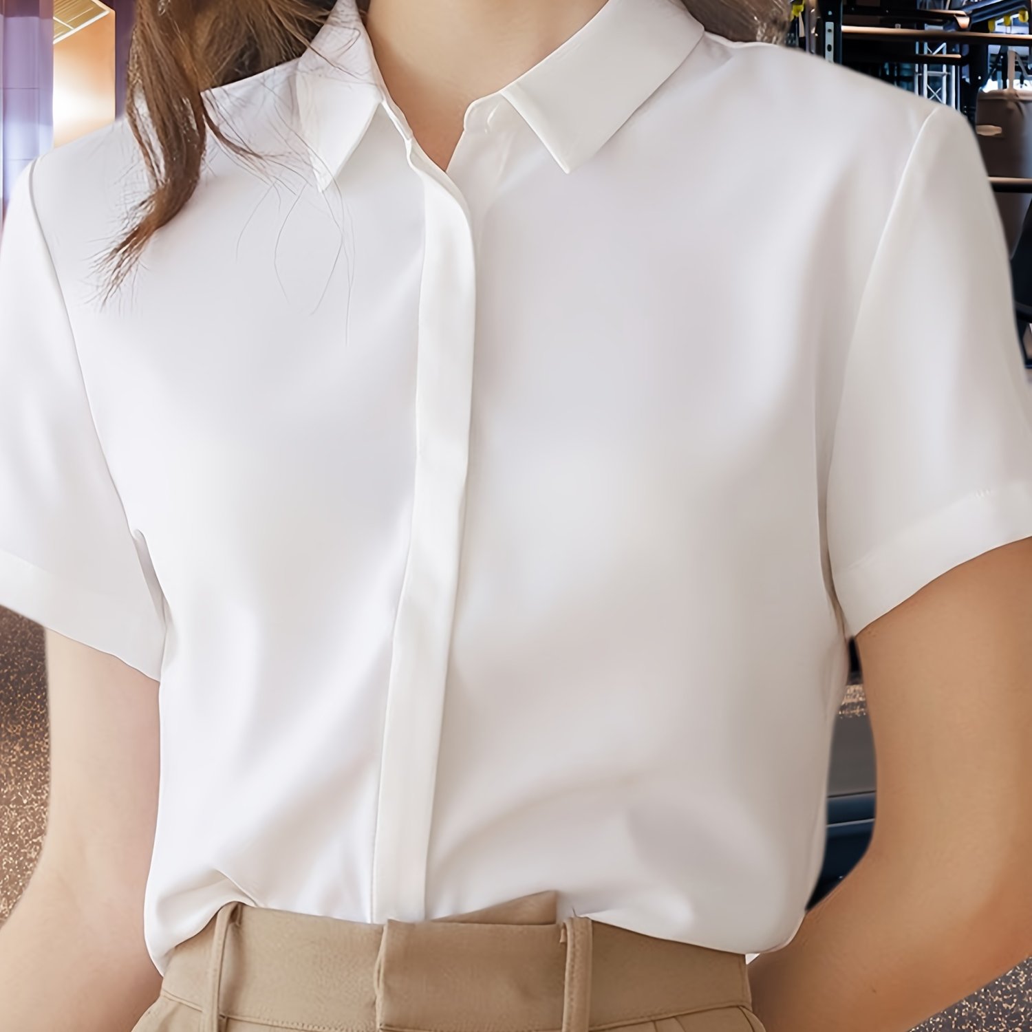 TEMU Camisa Clásica De Corta Para Mujer, Diseño Versátil, Estilo Básico De Color Sólido