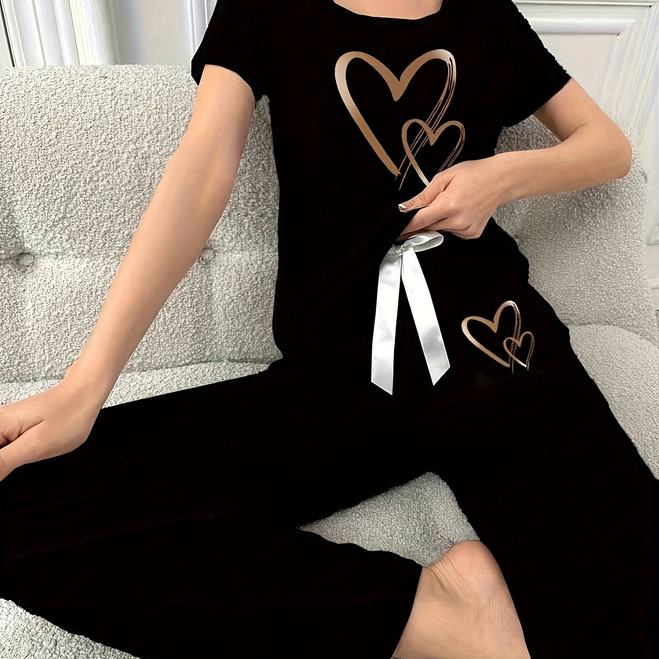 2pcs Women's Pajama Set | Soft And Comfortable, Easy Heart Print Short Sleeve Top And Long Pants, Crew Neck