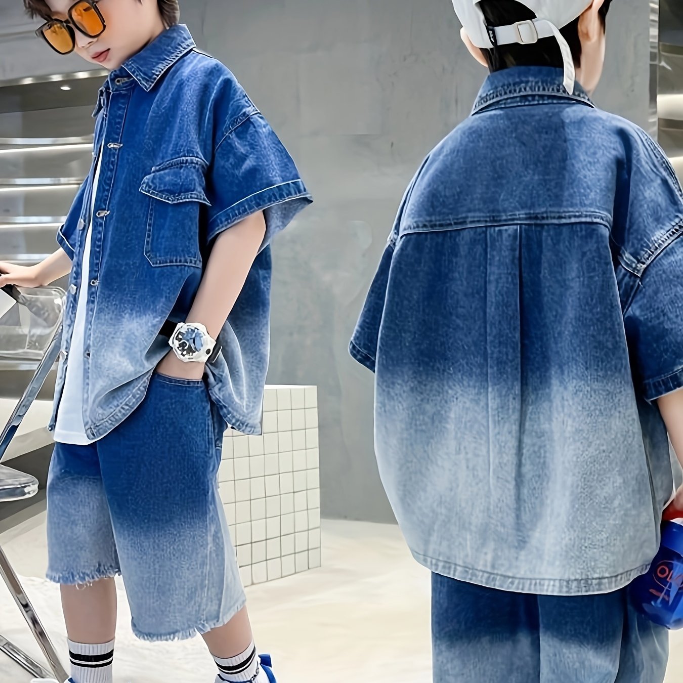 Image of Denim Shorts And Short-sleeve Set, Lightweight Summer Denim Clothing, Solid Color Gradient Denim Shirt For Boys, Denim Pants, For Outdoor