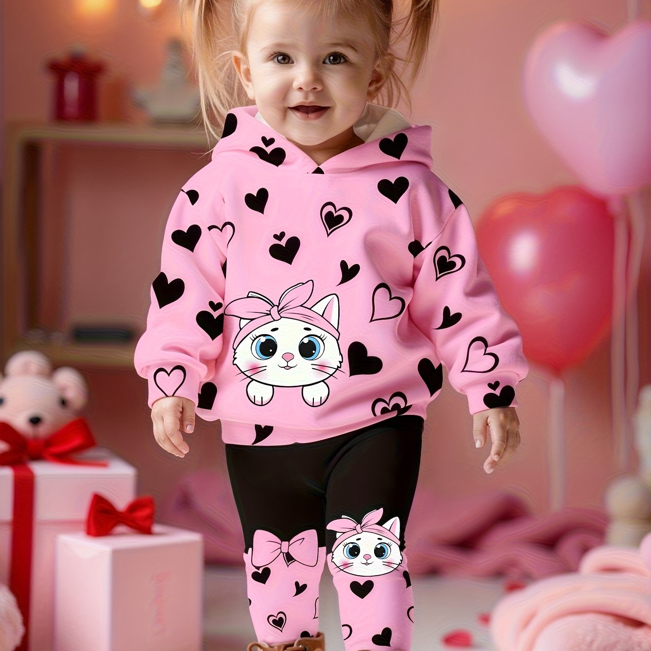 Image of Baby Girl Set Love Print Hooded Sweatshirt And Casual Long Pants Cute Kitten Bow Pattern Spring Autumn 2pcs Set, For Outdoor