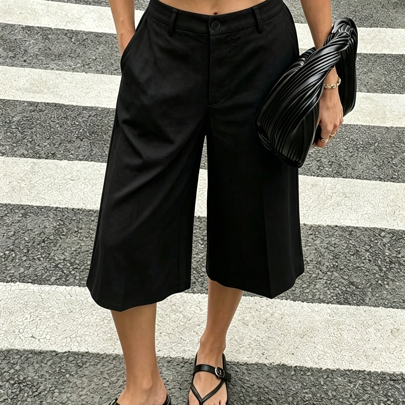 TEMU Minimalist Style Casual Elegant Clothing, Daily Vacation Travel Afternoon Tea Solid Color Pocketed 7/8 Wide-leg Pants, Summer Style, Black