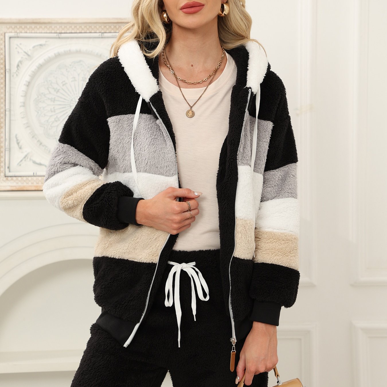 Warm Plush Zip Pocket Hooded Loose Jacket For Women