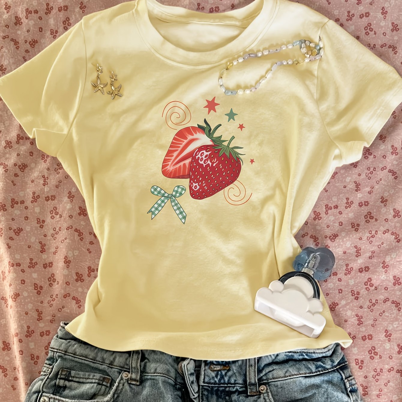 TEMU 00008 - Women's Fitted Bodycon Top, Trendy Creative Strawberry Bow And Star Pattern Print, Pure Desire Korean-style Y2k Summer Round Neck Short