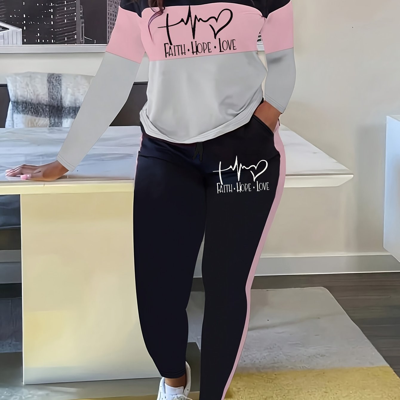 Image of Plus Size, Casual Two-piece Color Block Women's Plus Size Round Neck Long Sleeve Top And Pants Set