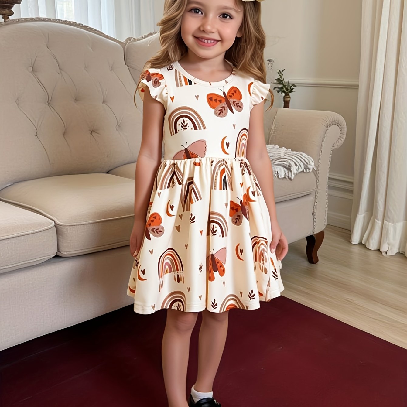 Image of ' Casual Print Dress | Ruffle Sleeve, Crew Neck, Flared Hem, Suitable For Spring/summer/fall