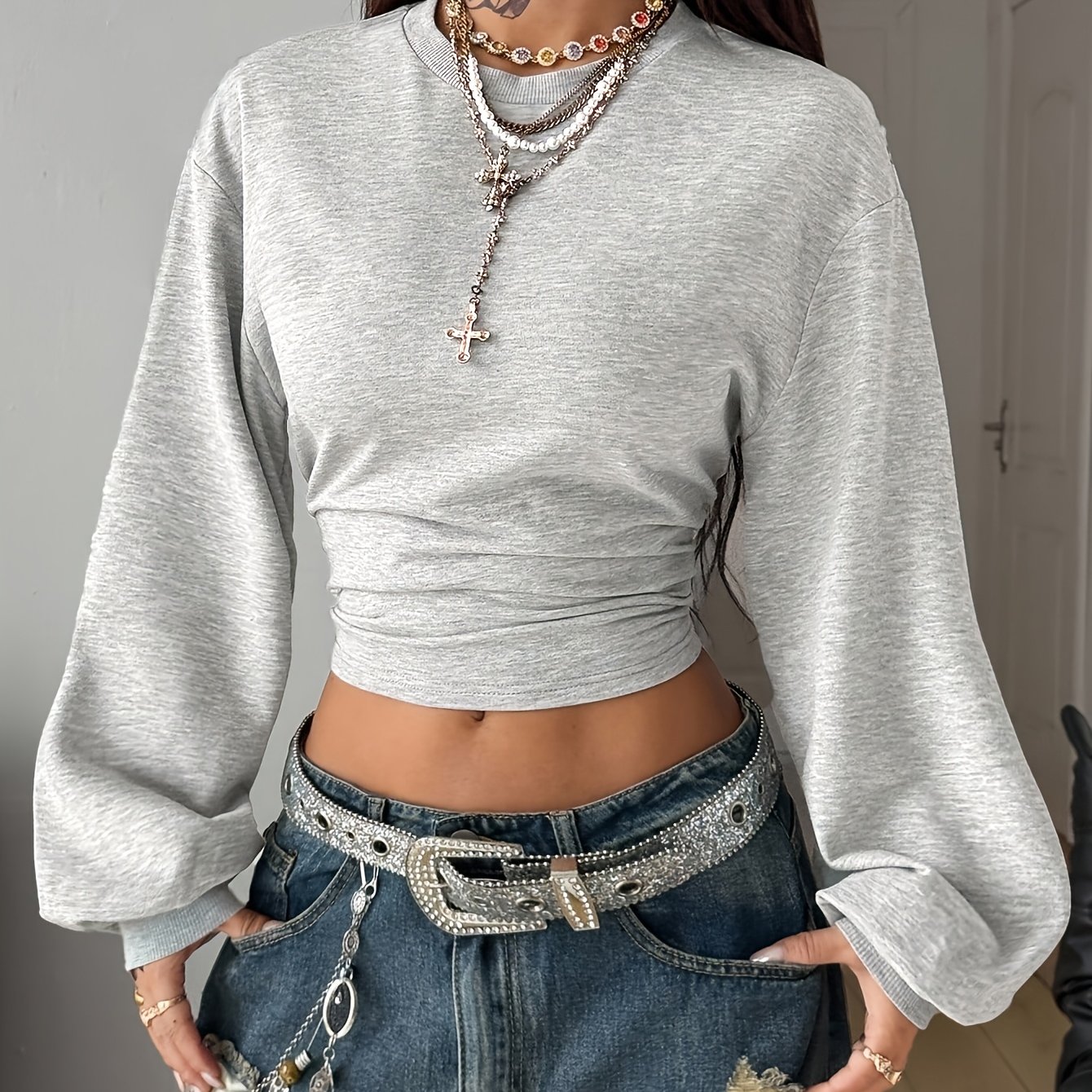 Women's Round Neck Fashion Lantern Sleeve Top, Fashion Outfit T-shirt Top