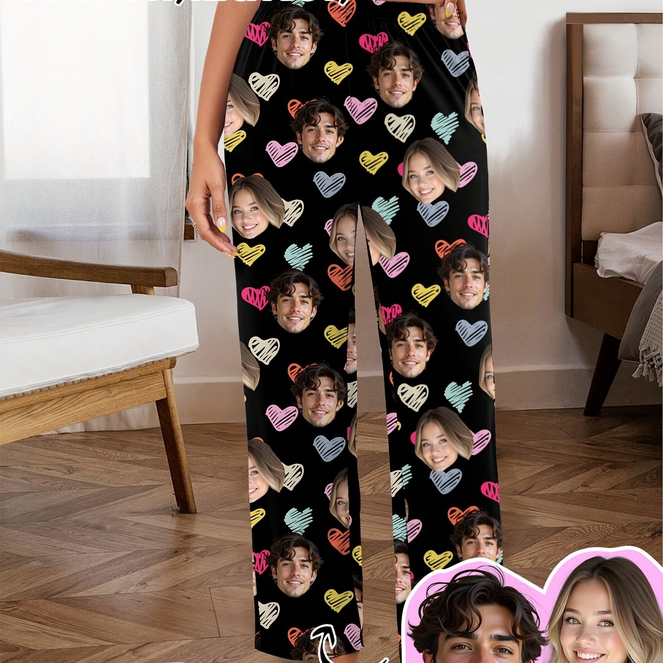 TEMU Men's Custom Sleep Pants With Personalized Face Photos, Featuring Colorful Heart Prints. Casual, Loose-fitting Creative Lounge Pants Customized