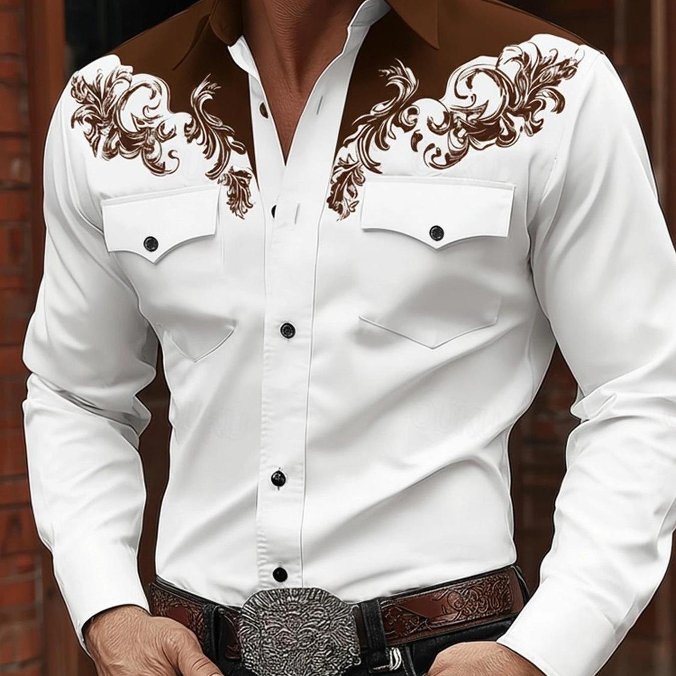 TEMU Men's Ornament 3d Printed Western Shirt () - Non-stretch Button-up Collar Shirt. Wrinkle-resistant, Versatile For Office/party/casual. Elegant Brown Ornate 3d Print, Retro Cowboy Style
