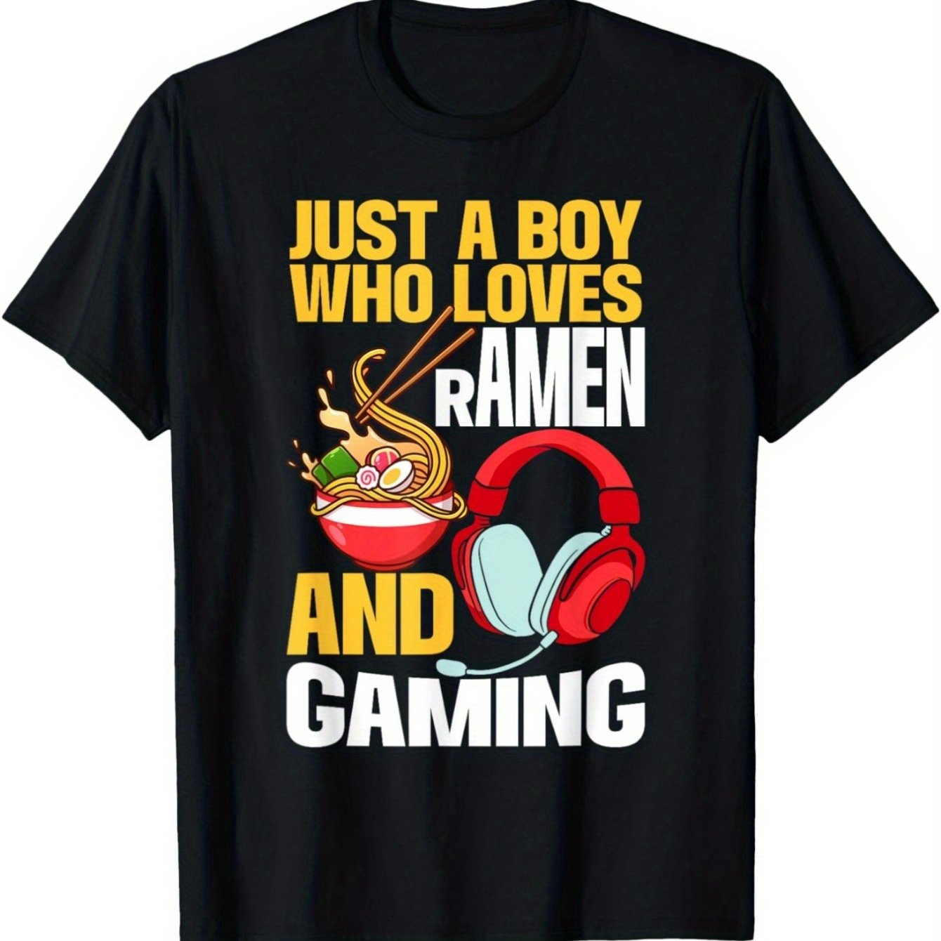 Kids Boys Girls Just A Boy Who Ramen And Gaming Japan Anime Video Game T-shirt Tops Short Sleeve, Street Style Short Sleeve Tee, Tee, Casual Summer Tee, Must-have Fashionable Tee