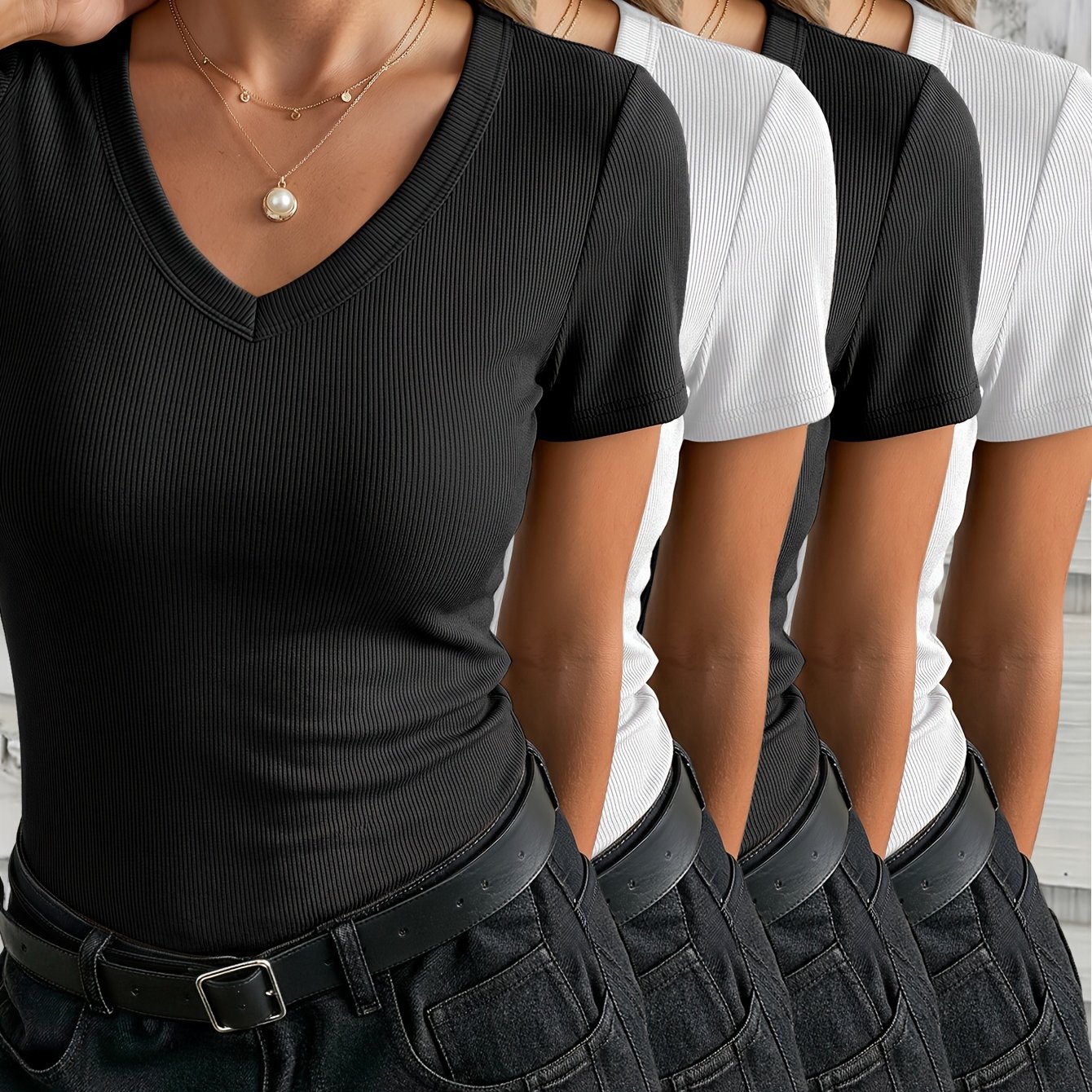 TEMU 4pcs Women's Elegant Ribbed V-neck Short Sleeve T-shirt, Pretty T-shirt, Summer T-shirt, Women's Bodysuit, Elegant And Chic Top, , Cute Top,